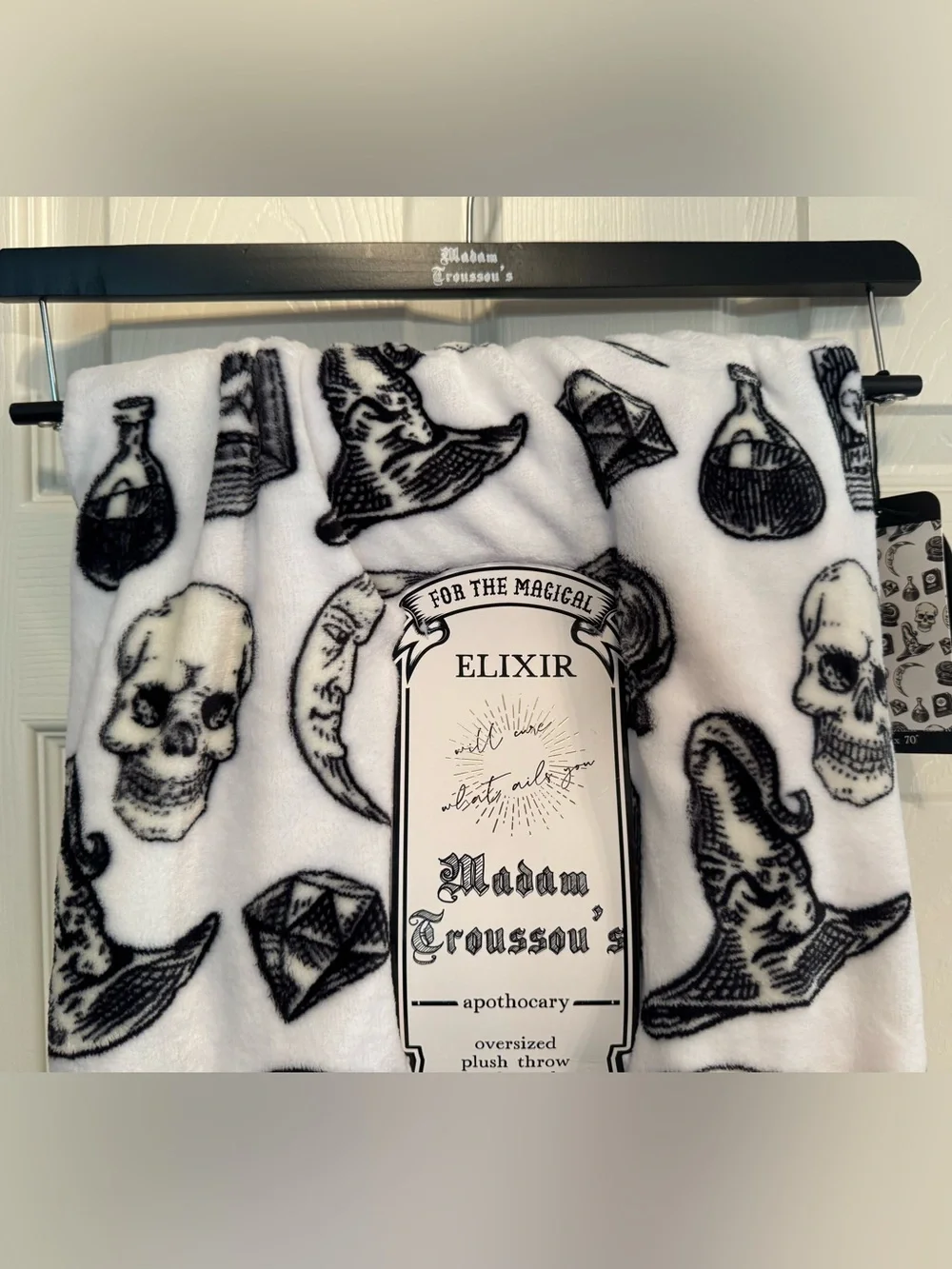Madam Troussou’s Apothecary Black & White Witchcraft Print Plush Throw Blanket